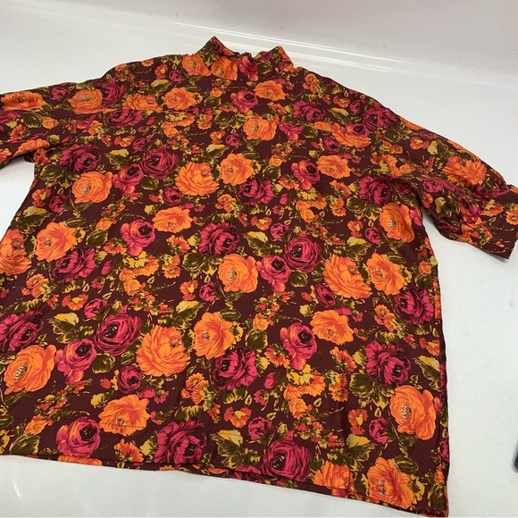Zara Silk Blouse‎ Top Woman Medium  Purple Floral High Neck Colorful Tropical - Picture 7 of 13